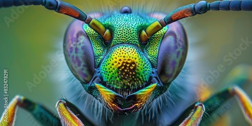 Extreme close up of the head and eyes of an iridescent green, blue, and yellow wasp, with very detailed macro photography
