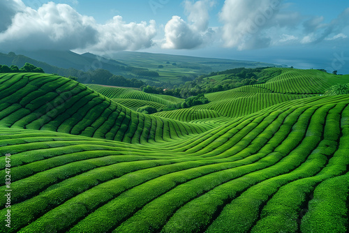 Aerial drone view of a person at Cha Gorreana tea plantation at Sao Miguel, Azores, Portugal. Green field, 3d render 