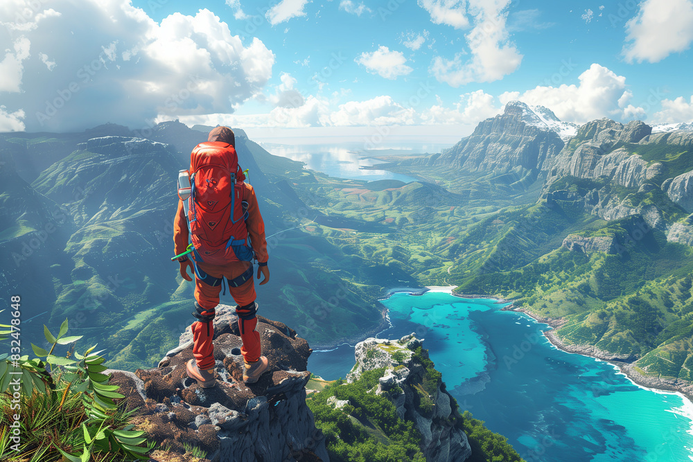Obraz premium Backpacker enjoying a scenic view from a cliff, 3d render
