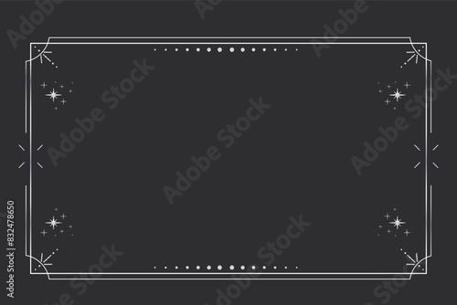 Silver celestial minimal esoteric frame, thin line border, mystyc linear decoration with dots, moon, stars corners isolated on dark background. Geometric shape, tarrot 