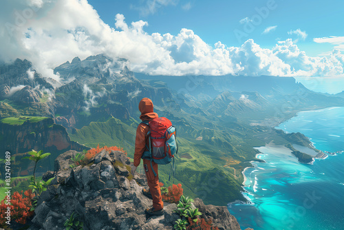 Backpacker enjoying a scenic view from a cliff, 3d render