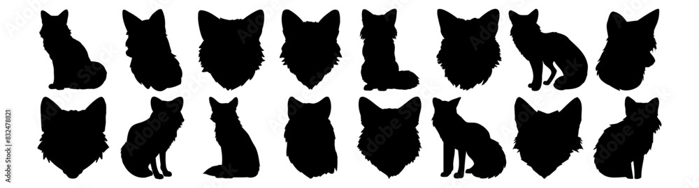 Fox silhouettes set, pack of vector silhouette design, isolated background