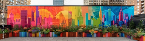 Rooftop garden featuring a wall painted with a detailed rainbow cityscape, providing a colorful backdrop for urban gatherings