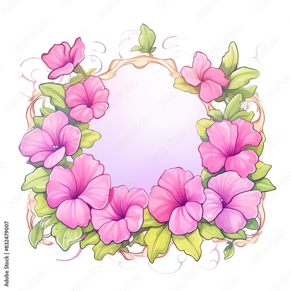 Fototapeta premium Beautiful floral frame with pink flowers and green leaves, perfect for invitations, greeting cards, and decorative designs.