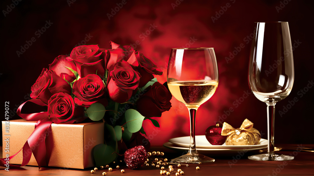 A bunch of red roses, a gift box adorned with a ribbon, a flickering candle, and a glass of champagne in the background. ready for celebration. A bunch of red roses, a gift box adorned with a ribbon, a flickering candle, and a glass of champagne in the background. ready for celebration.
