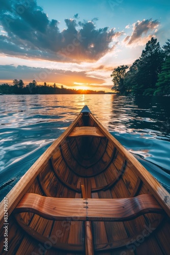 The front of the canoe is on calm waters, with trees and sunset in the background
