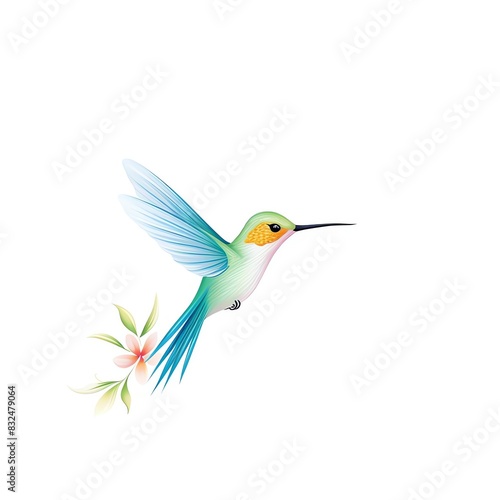 Beautiful illustration of a colorful hummingbird with flowers on a white background, capturing the elegance and vibrancy of nature.