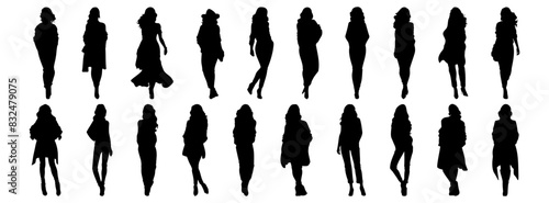 Woman Standing silhouettes set, pack of vector silhouette design, isolated background photo