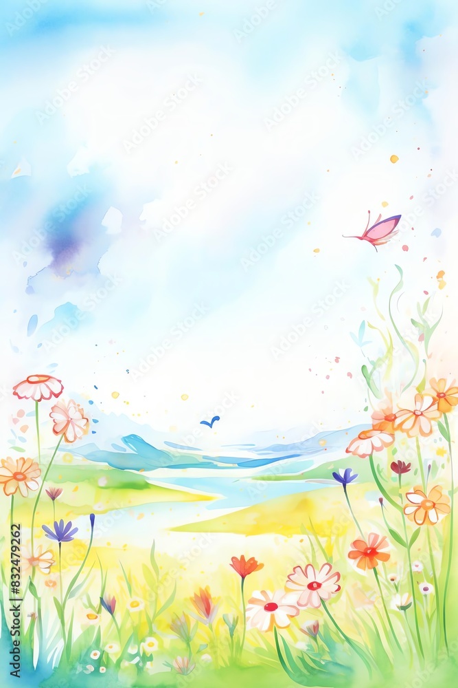 Bright and colorful watercolor painting of a serene landscape with flowers, butterflies, and a mountain view under a beautiful sky.