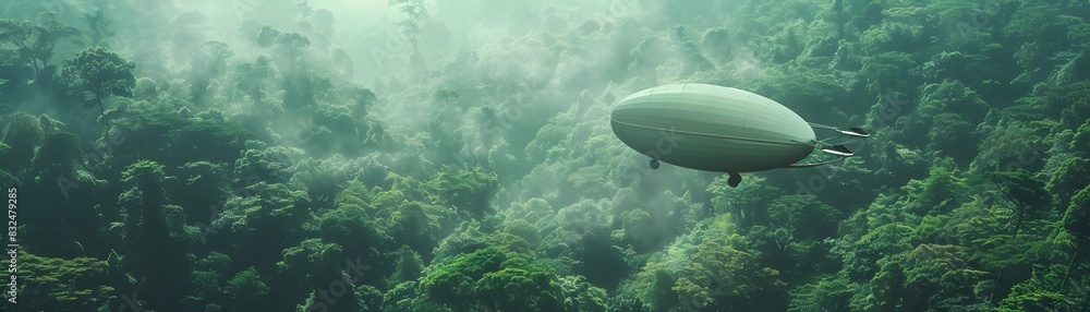 Fototapeta premium High tech Airship Monitoring Lush Forest Canopy for Environmental Research and Data Collection