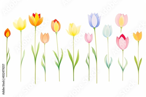 Beautiful watercolor tulips in various colors and styles on a white background. Perfect for spring and floral designs.