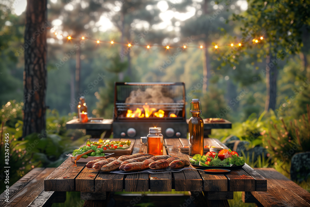 Grilled barbecue and fresh salads on a picnic table, 3d render Grilled barbecue and fresh salads on a picnic table, 3d render