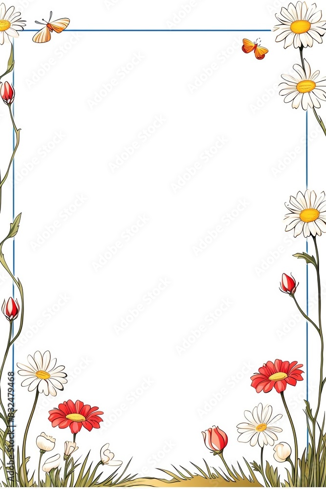 Obraz premium Colorful floral border with daisies, tulips, and butterflies, perfect for spring or summer invitations, cards, and designs.