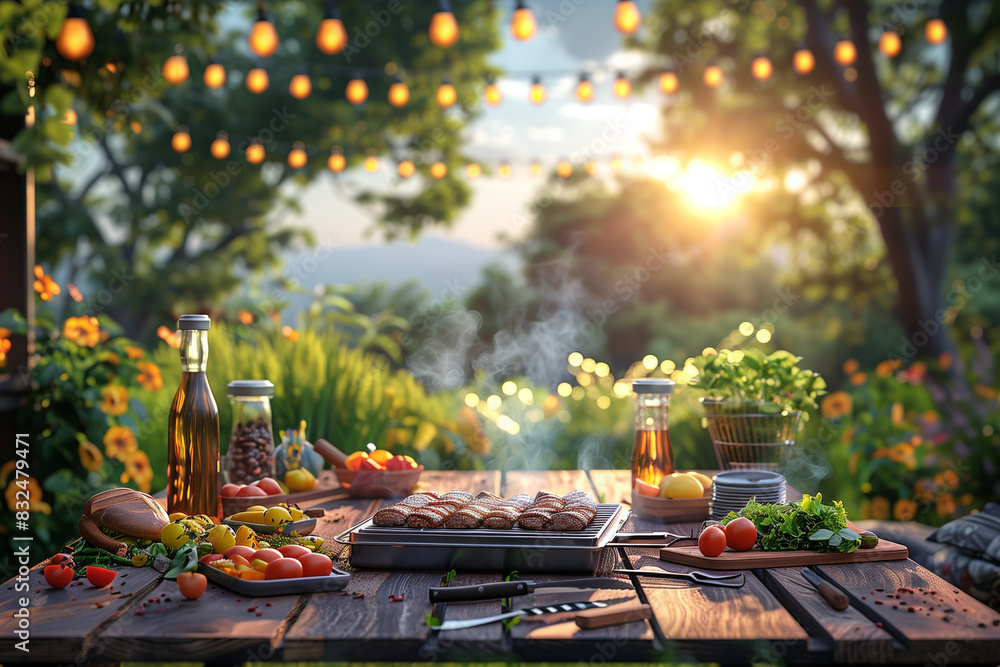Grilled barbecue and fresh salads on a picnic table, 3d render Grilled barbecue and fresh salads on a picnic table, 3d render