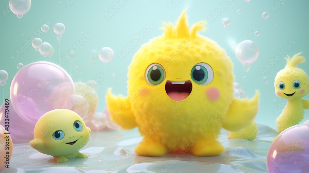 A cartoon character with a yellow body and a pink head is surrounded by pink A cartoon character with a yellow body and a pink head is surrounded by pink