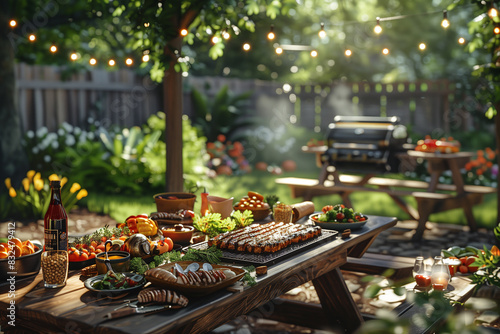 Grilled barbecue and fresh salads on a picnic table, 3d render 