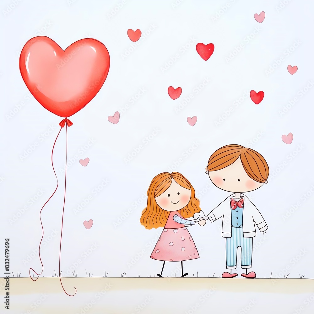 Cute illustration of a couple holding hands with a heart-shaped balloon and hearts floating around them on a white background. Cute illustration of a couple holding hands with a heart-shaped balloon and hearts floating around them on a white background.