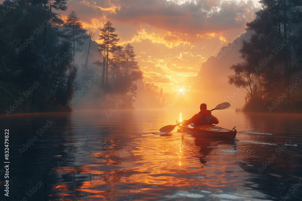 Kayaking on a serene lake, 3d render