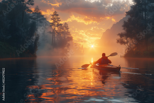 Kayaking on a serene lake, 3d render