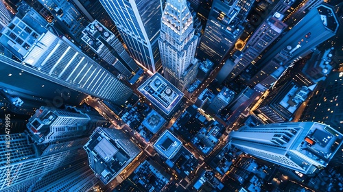 aerial view of skyscrapers in financial district of new york city blue tint urban landscape photography