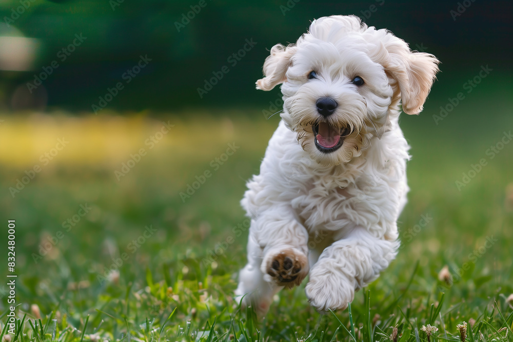 Playful puppy running on a grassy field Playful puppy running on a grassy field