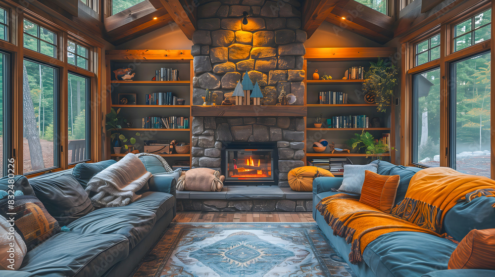 cozy interior of a room with a lit fireplace at the center. There are two sofas, one dark grey and one orange, facing the fireplace. The room has large windows allowing natural light to enter cozy interior of a room with a lit fireplace at the center. There are two sofas, one dark grey and one orange, facing the fireplace. The room has large windows allowing natural light to enter