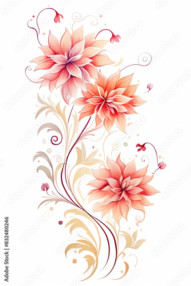 Obraz premium Elegant floral illustration featuring delicate orange and pink flowers with intricate decorative vines on a white background.