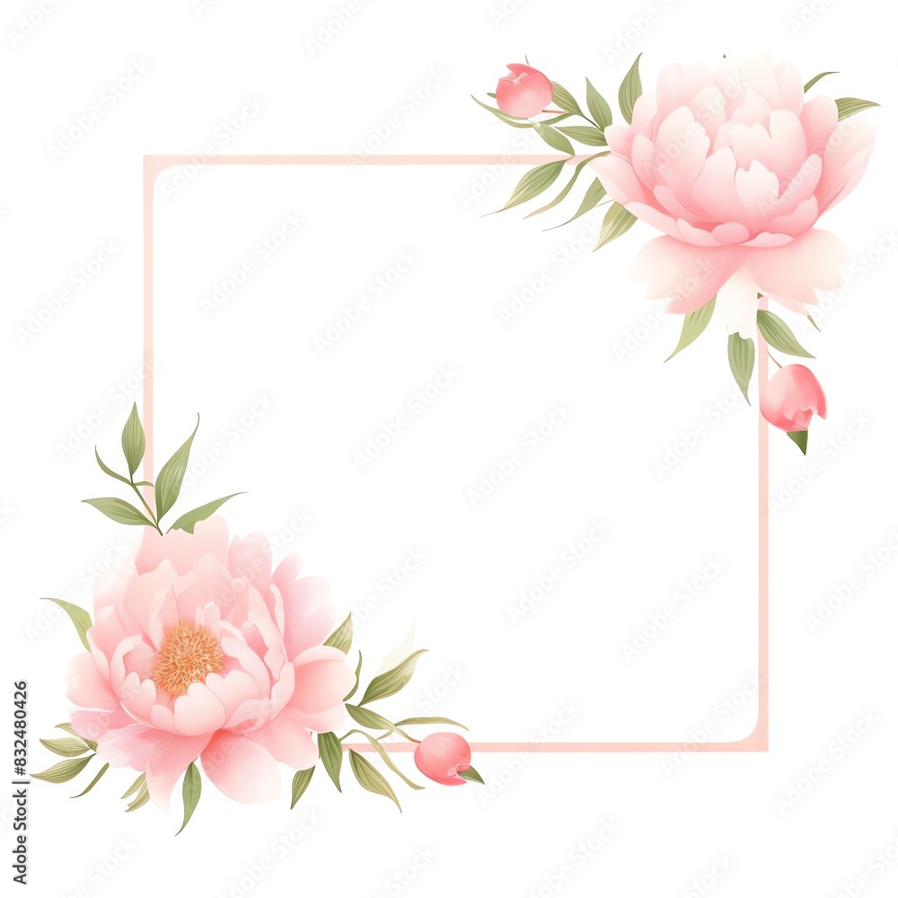 Elegant square pink floral frame with peony flowers, green leaves, and buds. Perfect for invitations, greeting cards, and event decorations. Elegant square pink floral frame with peony flowers, green leaves, and buds. Perfect for invitations, greeting cards, and event decorations.