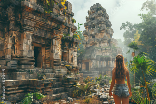 Tourist exploring ancient ruins, travel concept, 3d render 
