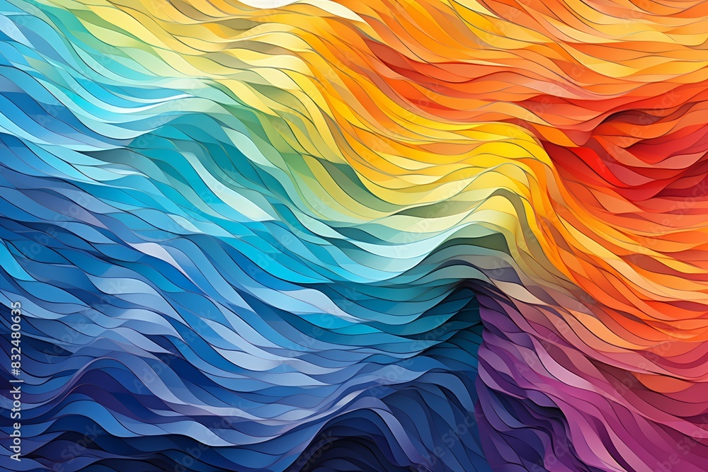 Fototapeta premium Abstract digital landscape of woven rainbow strands, intricate patterns, bright and bold