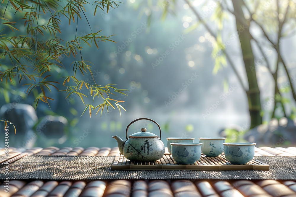 Under the background of bamboo tea pots, tea ceremony concept, 3d render