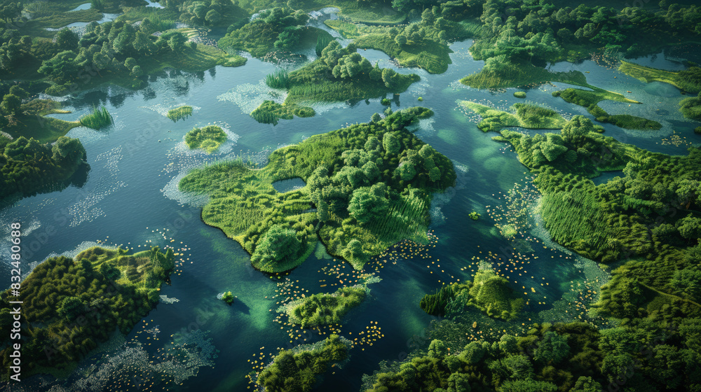 An aerial view showcasing the intricate layout of Eden, with all four rivers visible, teeming with life and diverse vegetation. An aerial view showcasing the intricate layout of Eden, with all four rivers visible, teeming with life and diverse vegetation.