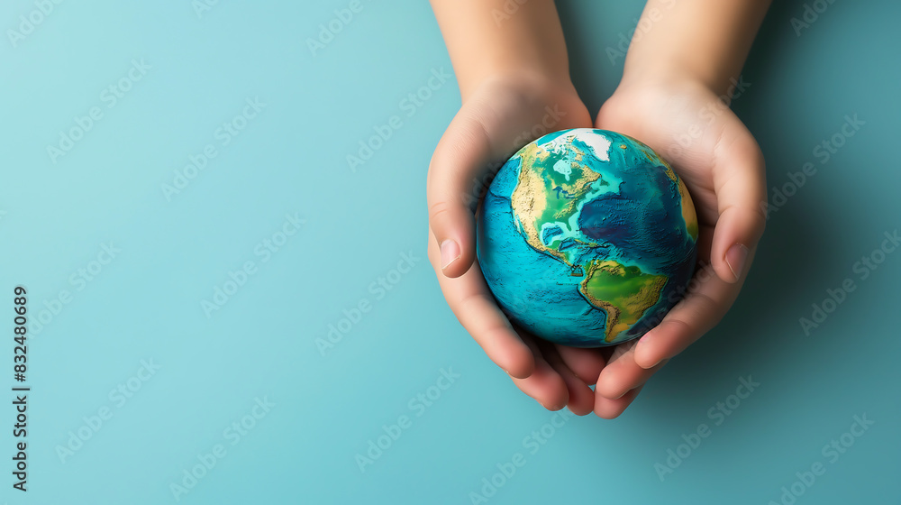 Close up hands of people holding a mini globe on hands against blue backdrop with copy space Close up hands of people holding a mini globe on hands against blue backdrop with copy space