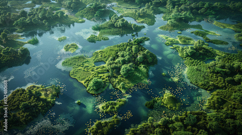An aerial view showcasing the intricate layout of Eden, with all four rivers visible, teeming with life and diverse vegetation. 