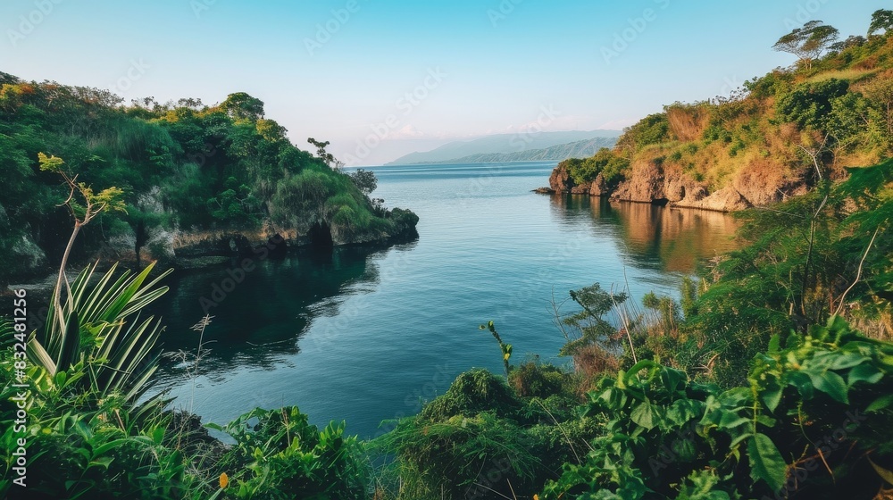 A tranquil body of water surrounded by dense greenery in the foreground A tranquil body of water surrounded by dense greenery in the foreground