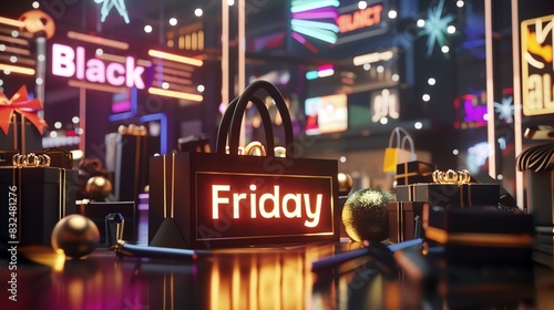 Black friday frenzy 3d rendering with discount signs and urban backdrop photo