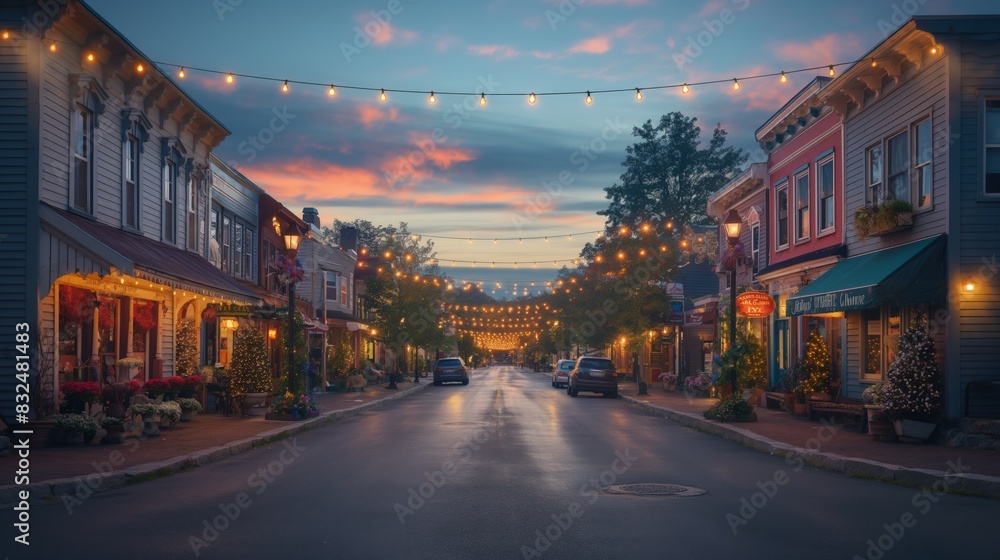 Naklejka premium Quaint Main Street with String Lights