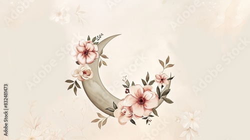 Eid ul Adha Mubarak accompanied by a simple crescent moon and delicate floral elements