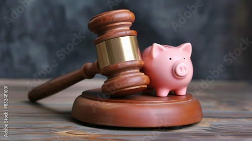 Wooden Gavel on Piggy Bank  Financial Criminal Concept photo