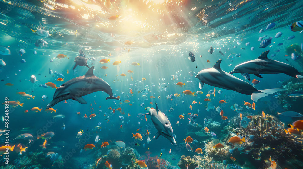 Obraz premium An expansive underwater scene, clear blue ocean filled with playful dolphins and colorful fish