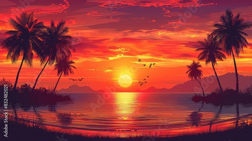 Tropical beach sunset with palm trees silhouetted against a fiery sky  rich reds and oranges  photorealistic  warm and relaxing 