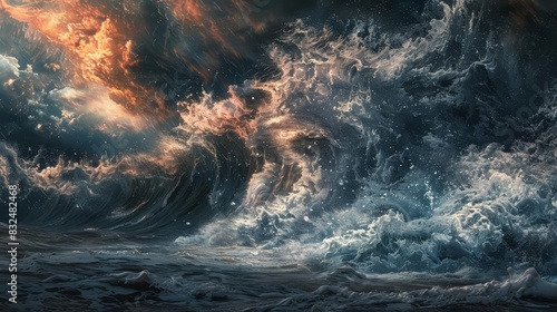 catastrophic deluge and great flood huge tidal wave hitting shore dramatic biblical scene digital painting photo