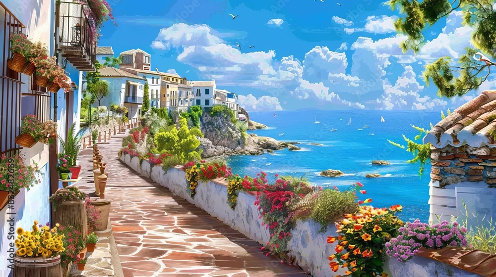 charming seaside town in spain colorful flowers and fences turquoise ocean view idyllic mediterranean landscape digital painting