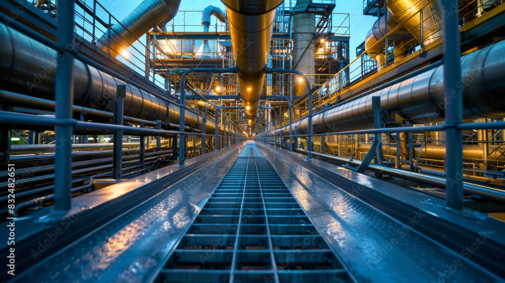 A perspective view of steel pipelines in a modern industrial plant, highlighting the complexity and scale of the infrastructure. A perspective view of steel pipelines in a modern industrial plant, highlighting the complexity and scale of the infrastructure.
