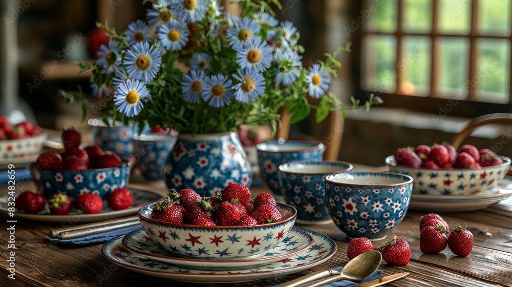 Fototapeta premium Rustic Dining Table with Fresh Strawberries
