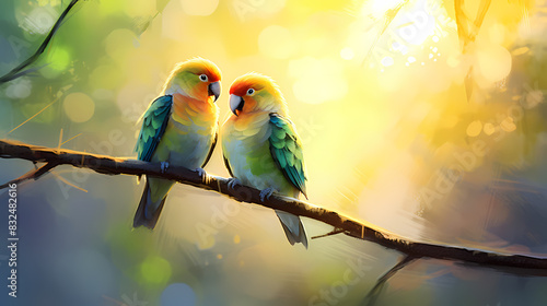 Two colorful love birds sitting on a branch and kissing photo