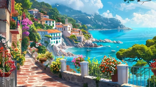 charming seaside town in spain colorful flowers and fences turquoise ocean view idyllic mediterranean landscape digital painting photo