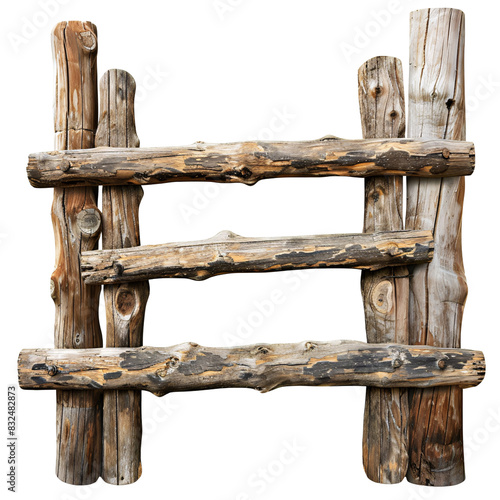 Rustic wooden log gate die cut PNG style isolated on white and transparent background