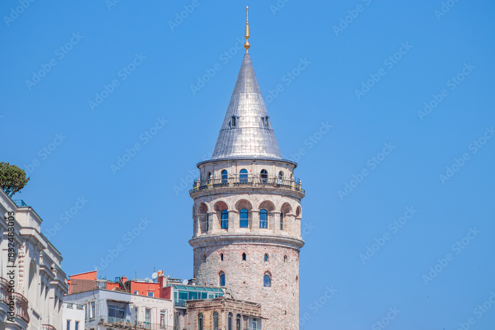 A closer look at the Galata Tower emphasises its medieval charm and architectural elegance with its solid stone walls and iconic conical roof. A closer look at the Galata Tower emphasises its medieval charm and architectural elegance with its solid stone walls and iconic conical roof.