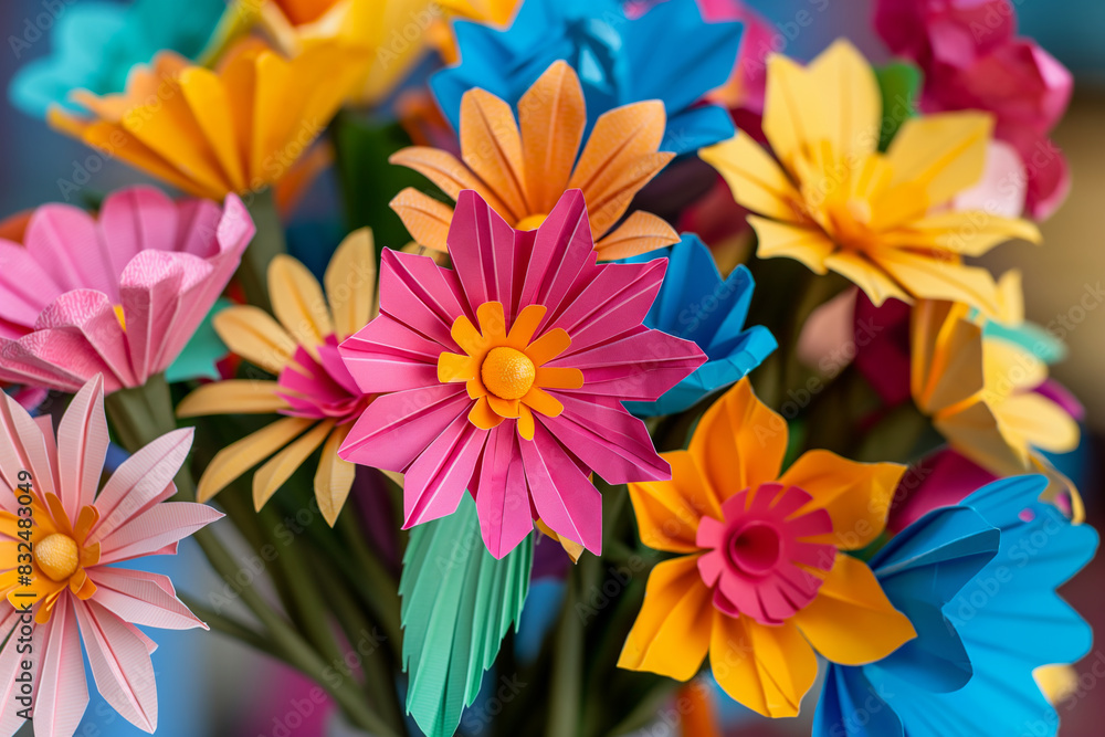 Colorful bouquet of handmade paper flowers. Festa Junina banner with origami flowers. Holiday and craft theme for print, poster, greeting card. Colorful bouquet of handmade paper flowers. Festa Junina banner with origami flowers. Holiday and craft theme for print, poster, greeting card.
